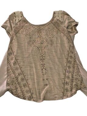 Miss Me Womens Large Beige Fringe Back Crocheted Sexy Cut Sleeve Shirt Blouse